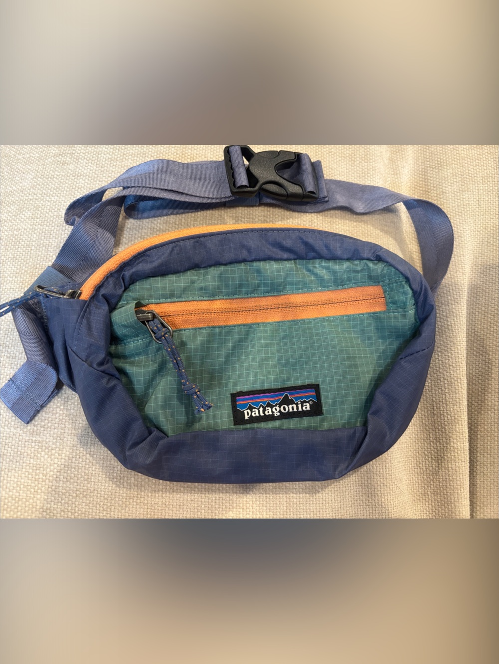 Patagonia Blue and Green Waist Pack with Orange Accents